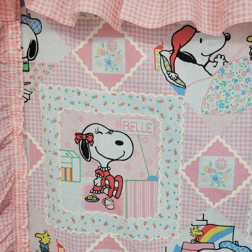 Peanuts Snoopy Belle Ruffled Curtain Panels Pink Gingham Vintage Nursery Decor